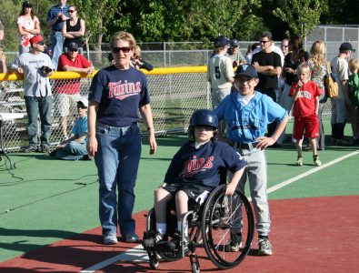 Safe at third! Miracle League baseball field.